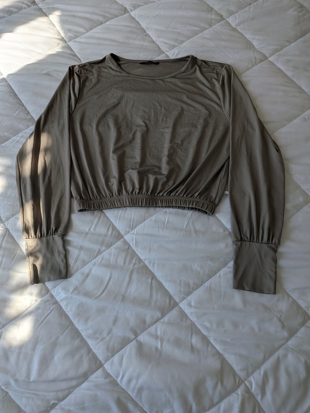 Cropped Long-Sleeve Elastic Hem Top - Taupe